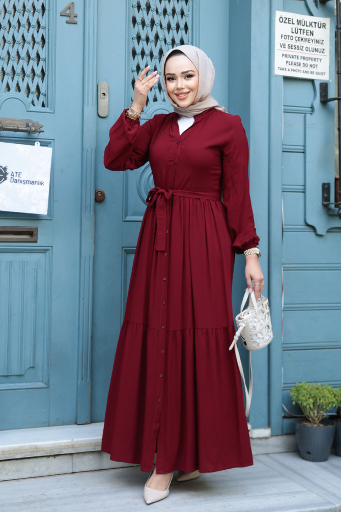 Düğmeli Bordo Tesettür Elbise 239202BR - 1