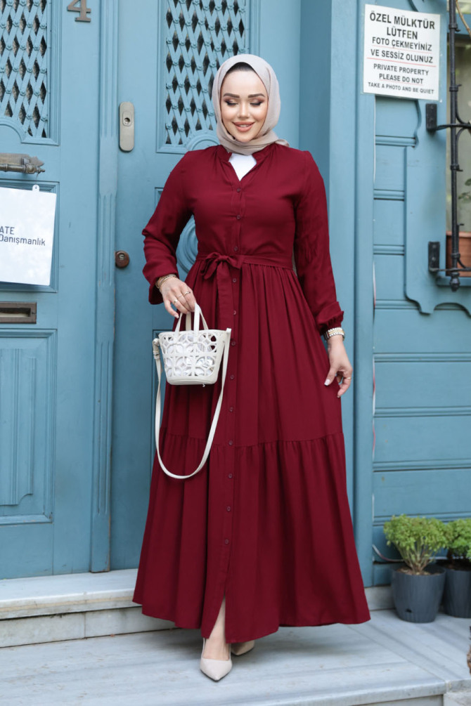 Düğmeli Bordo Tesettür Elbise 239202BR - 2