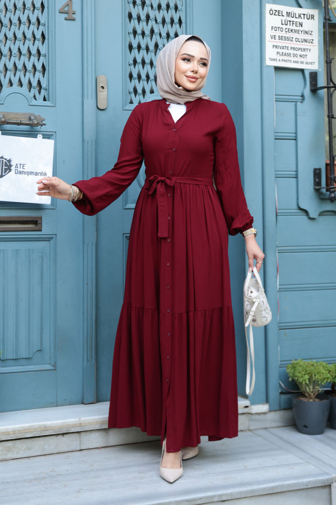 Düğmeli Bordo Tesettür Elbise 239202BR - 3