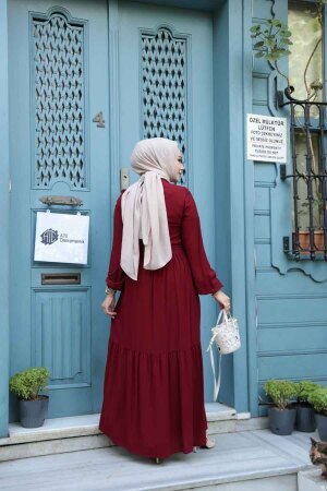 Düğmeli Bordo Tesettür Elbise 239202BR - 4