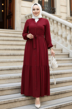 Düğmeli Bordo Tesettür Elbise 239202BR - 1