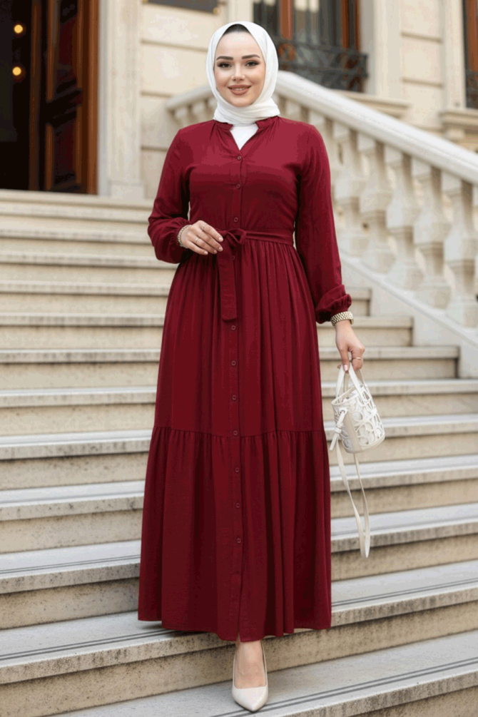 Düğmeli Bordo Tesettür Elbise 239202BR - 1