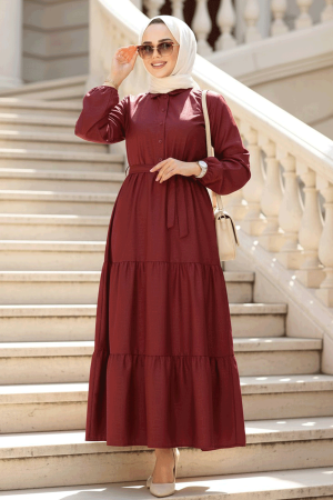 Düğmeli Bordo Tesettür Elbise 30391BR 