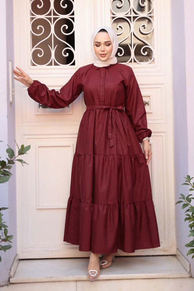 Düğmeli Bordo Tesettür Elbise 30391BR - 1