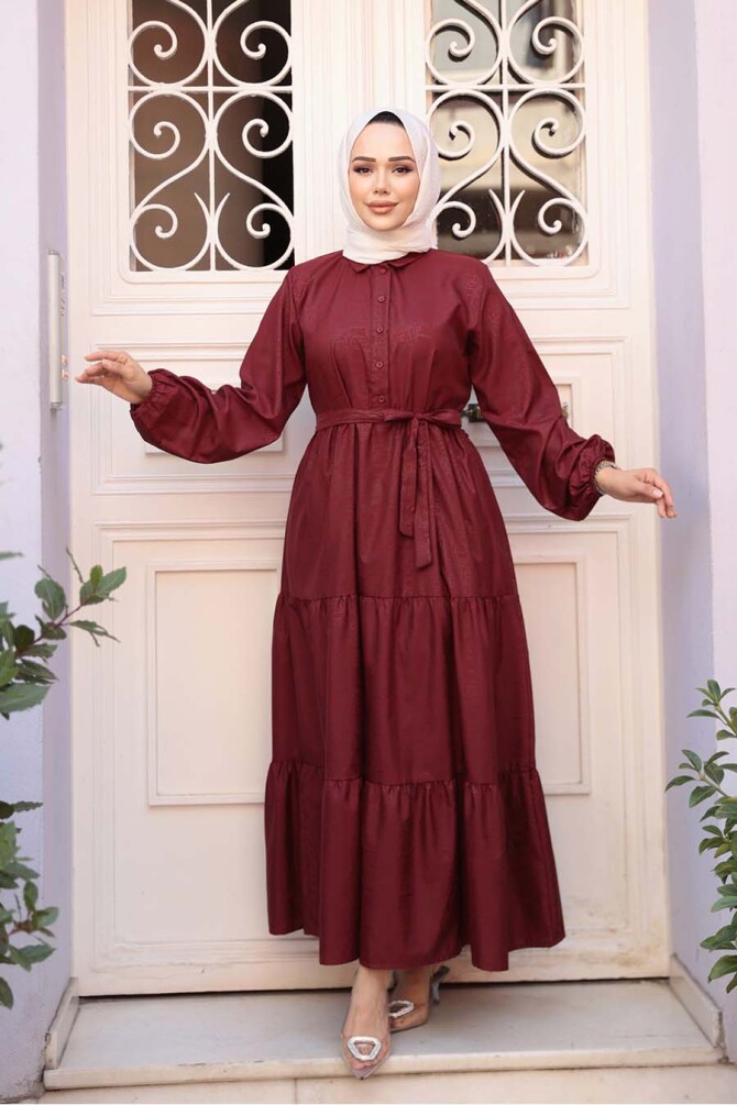 Düğmeli Bordo Tesettür Elbise 30391BR - 2