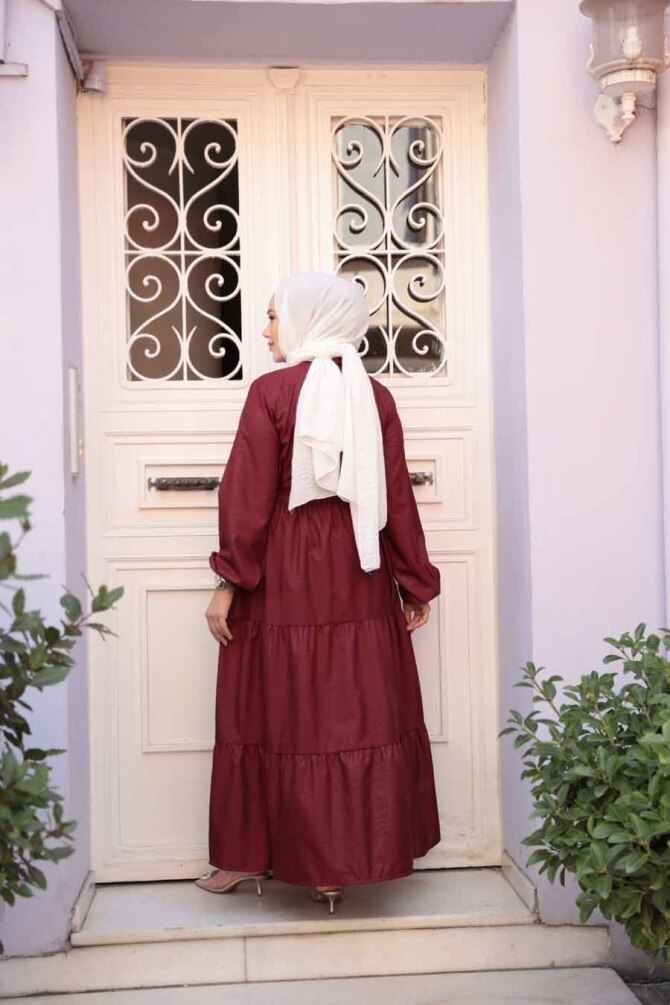 Düğmeli Bordo Tesettür Elbise 30391BR - 3