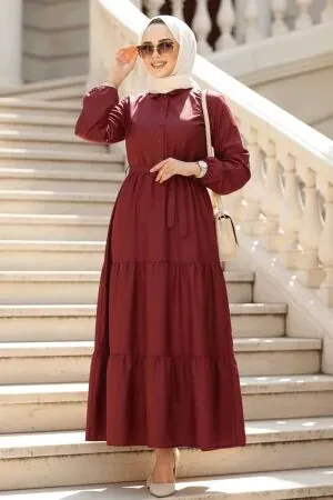 Düğmeli Bordo Tesettür Elbise 30391BR 
