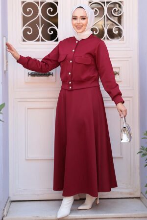 Düğmeli Bordo Tesettür Etekli İkili Takım 12261BR - 2