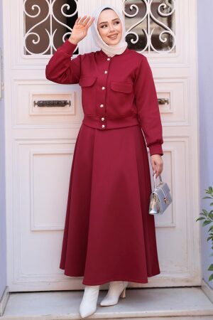 Düğmeli Bordo Tesettür Etekli İkili Takım 12261BR - 3