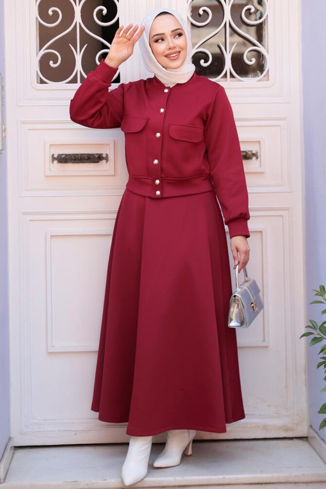 Düğmeli Bordo Tesettür Etekli İkili Takım 12261BR - 3