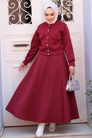 Düğmeli Bordo Tesettür Etekli İkili Takım 12261BR - 1