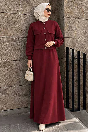 Düğmeli Bordo Tesettür Etekli İkili Takım 12261BR 