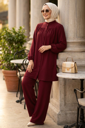 Düğmeli Bordo Tesettür İkili Takım 12172BR - N.S NEVA STYLE
