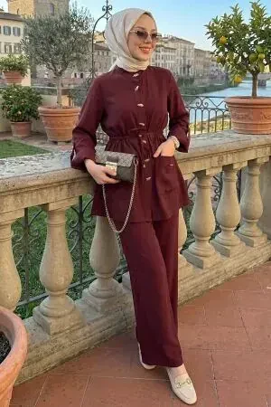 Düğmeli Bordo Tesettür İkili Takım 20043BR - 1