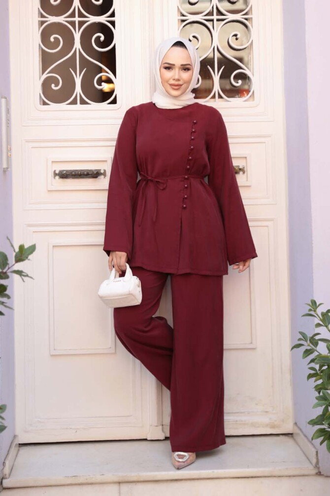 Düğmeli Bordo Tesettür İkili Takım 30431BR - 2