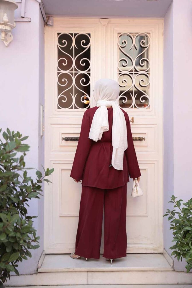 Düğmeli Bordo Tesettür İkili Takım 30431BR - 4