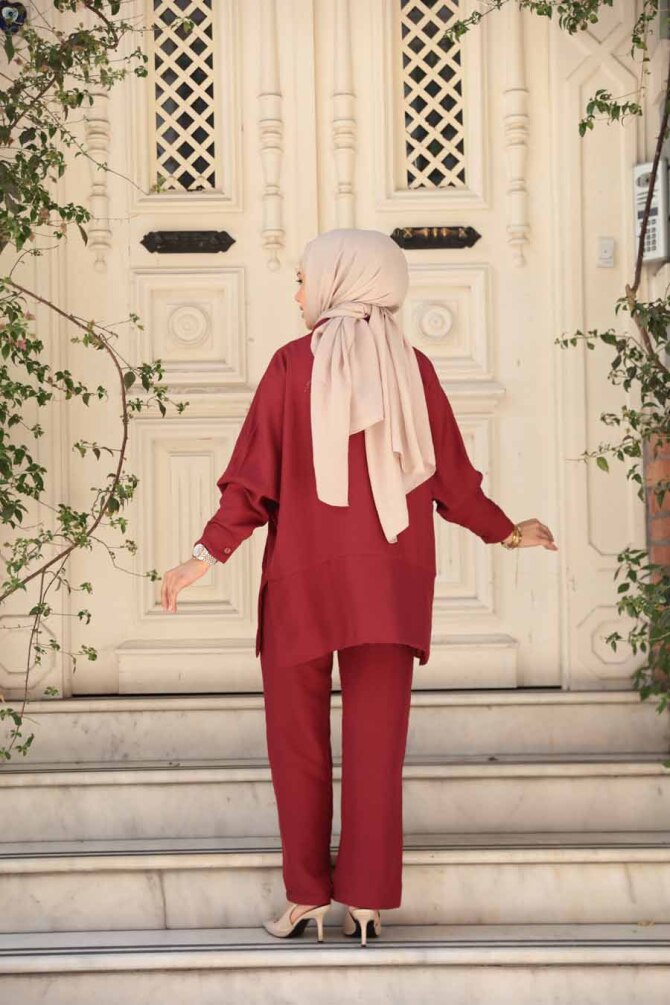 Düğmeli Bordo Tesettür İkili Takım 67751BR - 3