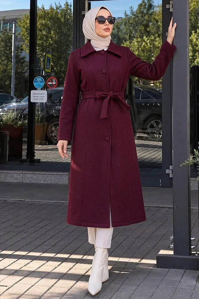 Düğmeli Bordo Tesettür Kaşe Kap 62361BR - 1