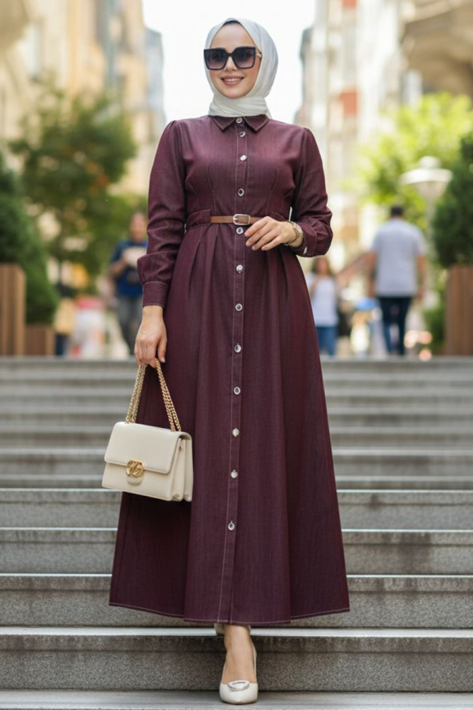 Düğmeli Bordo Tesettür Kot Elbise 19172BR - 1