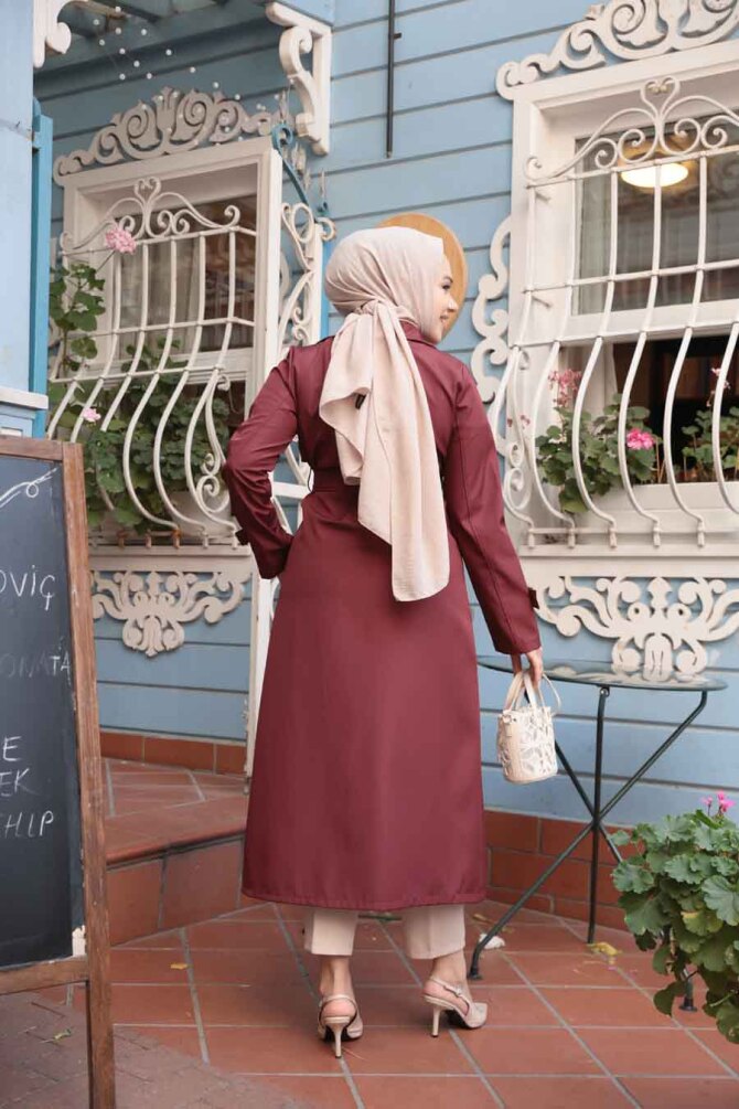 Düğmeli Bordo Tesettür Trençkot 6103BR - 3