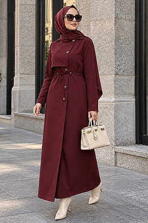 Düğmeli Bordo Tesettür Trençkot 62231BR - N.S NEVA STYLE