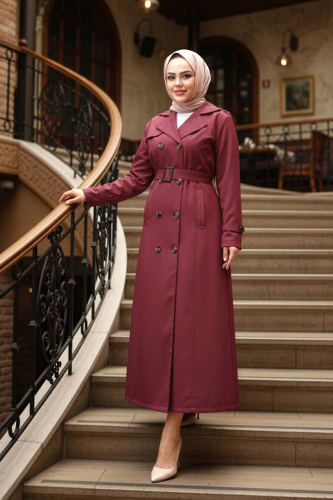 Düğmeli Bordo Tesettür Trençkot 7261BR - N.S NEVA STYLE
