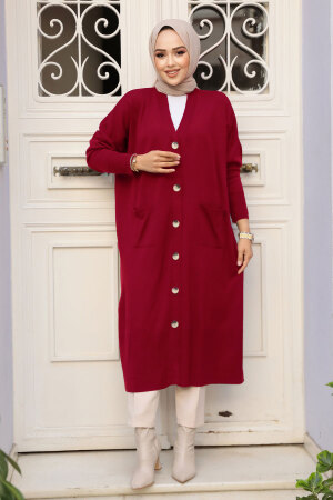 Düğmeli Bordo Tesettür Triko Hırka 30582BR - NEVA STYLE