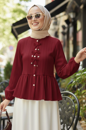 Düğmeli Bordo Tesettür Tunik 11002BR 