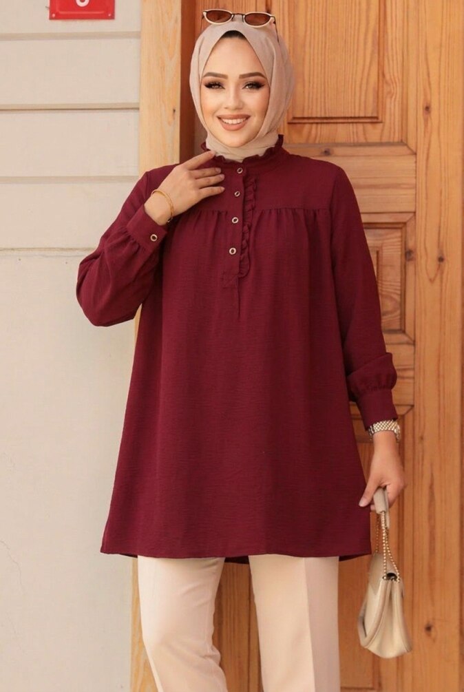 Düğmeli Bordo Tesettür Tunik 19026BR - N.S NEVA STYLE