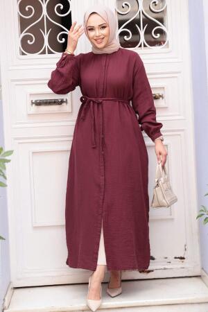 Düğmeli Bordo Tesettür Tunik 19045BR - 4