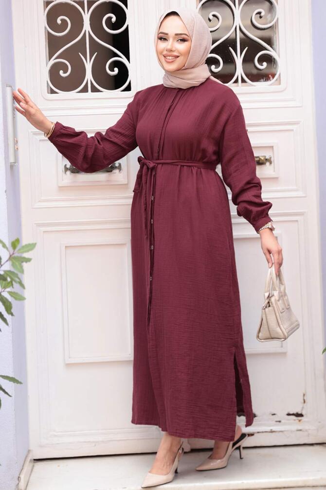 Düğmeli Bordo Tesettür Tunik 19045BR - 2