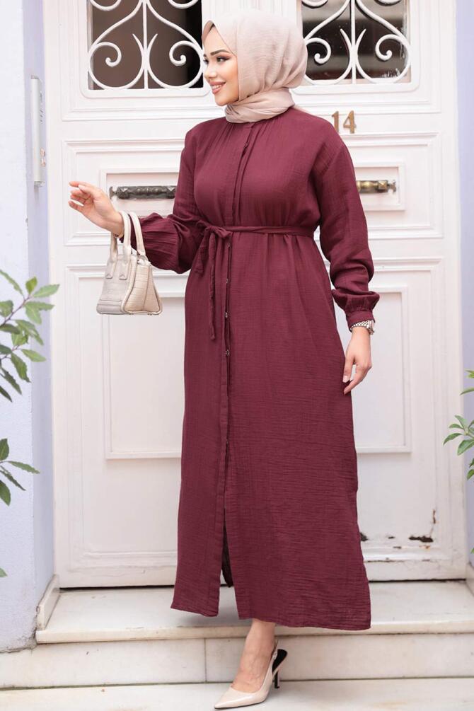 Düğmeli Bordo Tesettür Tunik 19045BR - 1