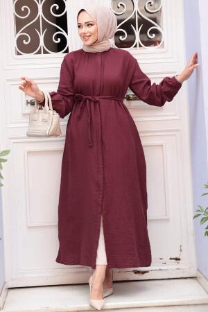 Düğmeli Bordo Tesettür Tunik 19045BR - 3