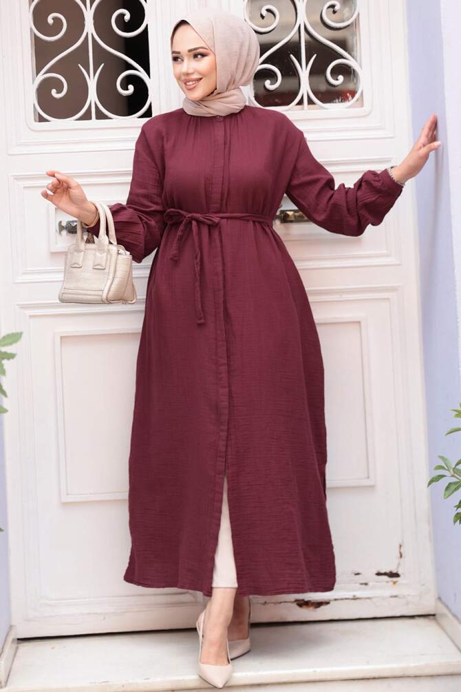 Düğmeli Bordo Tesettür Tunik 19045BR - 3