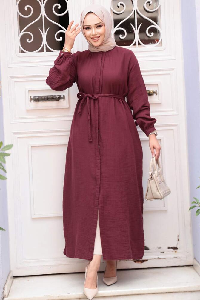 Düğmeli Bordo Tesettür Tunik 19045BR - 4