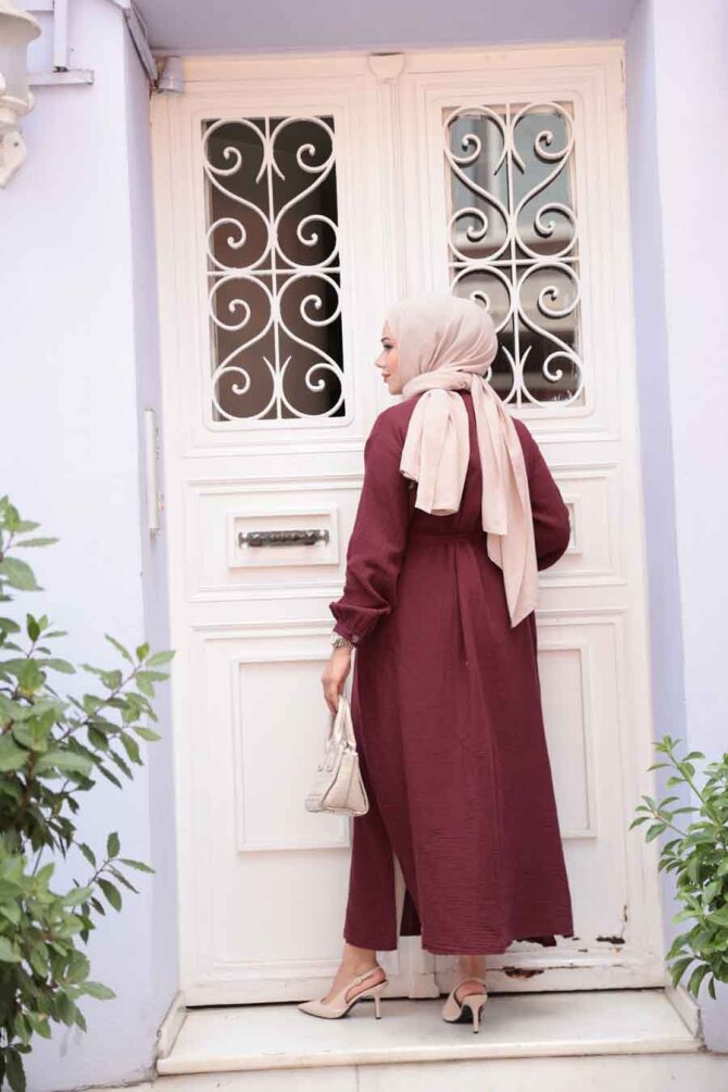 Düğmeli Bordo Tesettür Tunik 19045BR - 5
