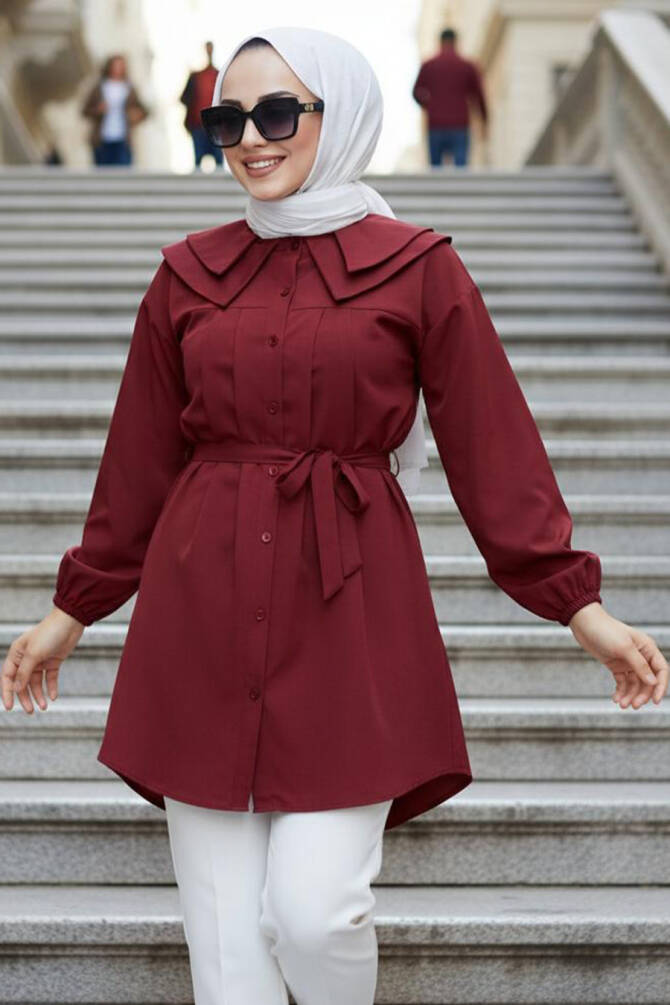 Düğmeli Bordo Tesettür Tunik 20228BR - N.S NEVA STYLE