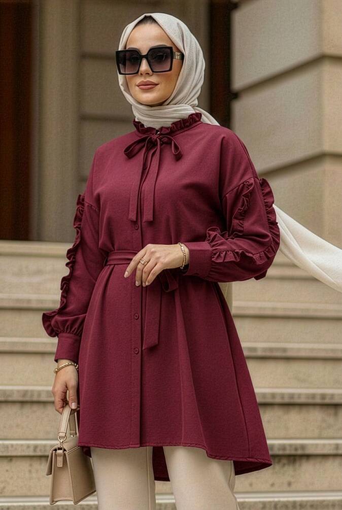 Düğmeli Bordo Tesettür Tunik 20295BR - N.S NEVA STYLE