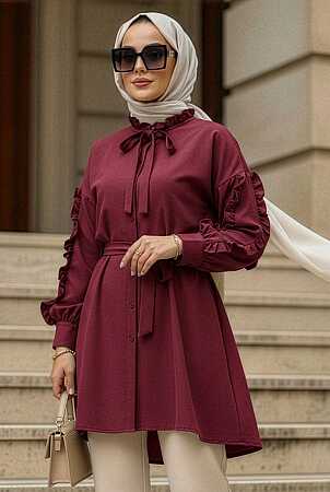 Düğmeli Bordo Tesettür Tunik 20295BR - N.S NEVA STYLE