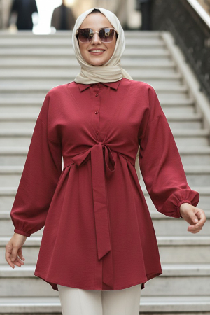 Düğmeli Bordo Tesettür Tunik 20316BR 