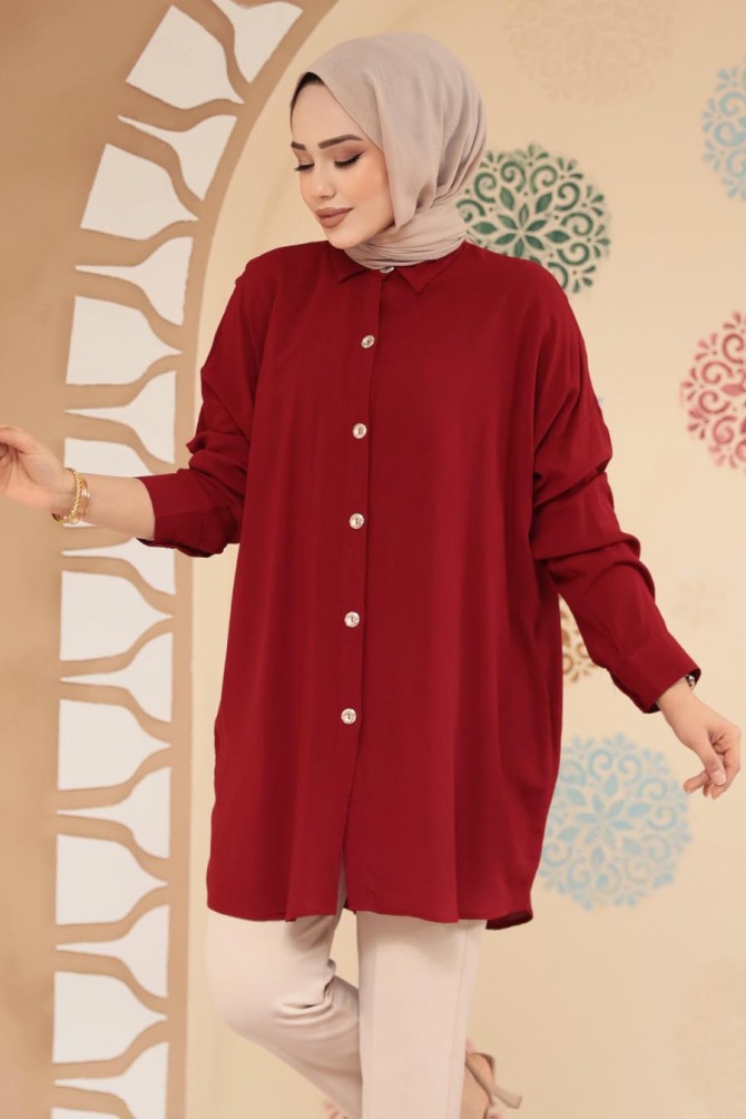 Düğmeli Bordo Tesettür Tunik 20408BR - NEVA STYLE