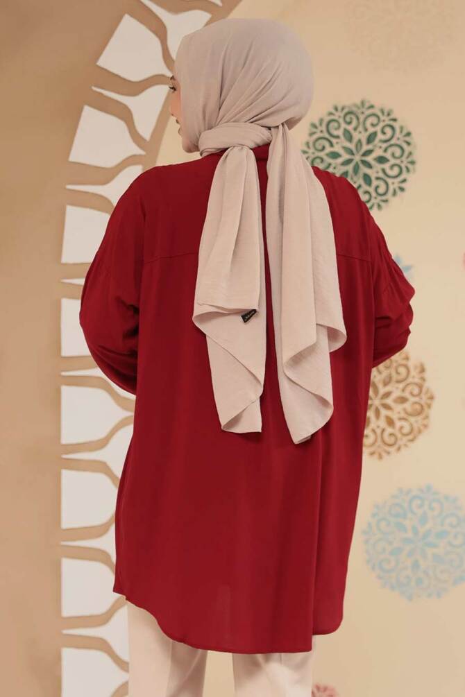 Düğmeli Bordo Tesettür Tunik 20408BR - 3