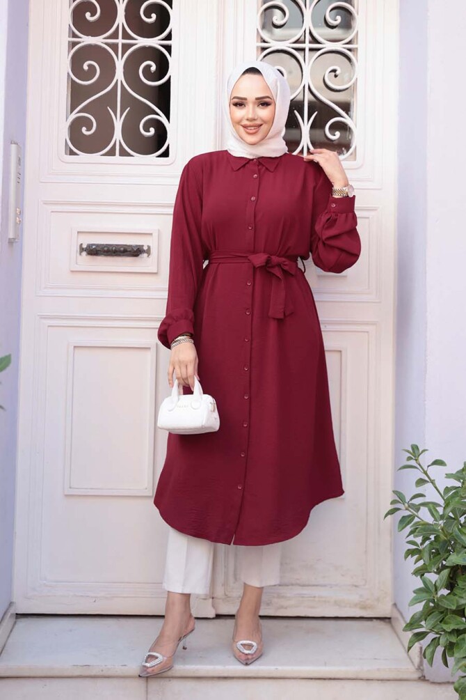 Düğmeli Bordo Tesettür Tunik 32172BR - 2