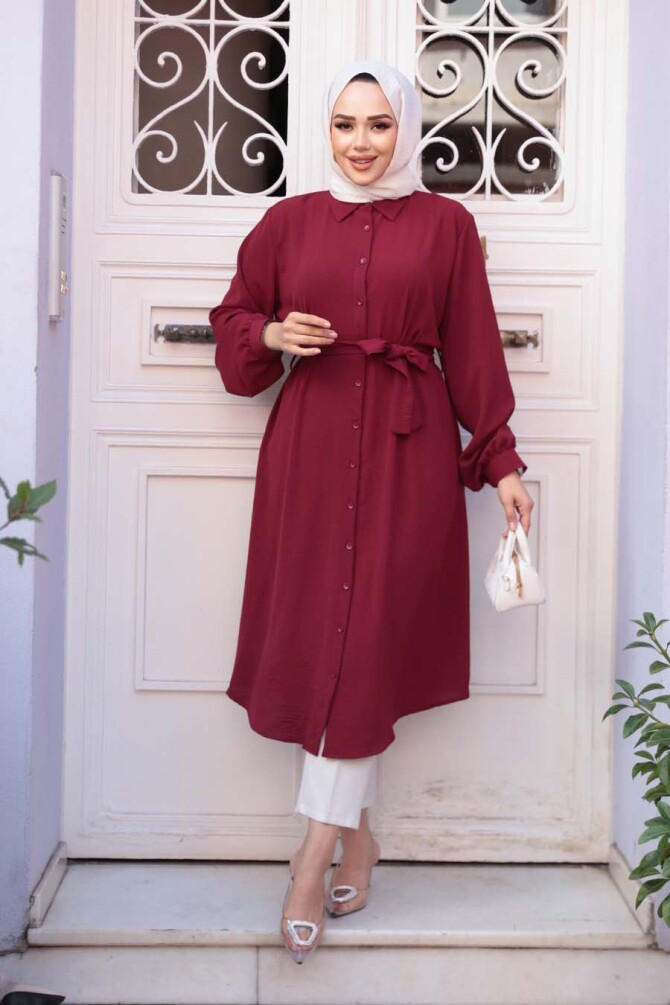 Düğmeli Bordo Tesettür Tunik 32172BR - 1