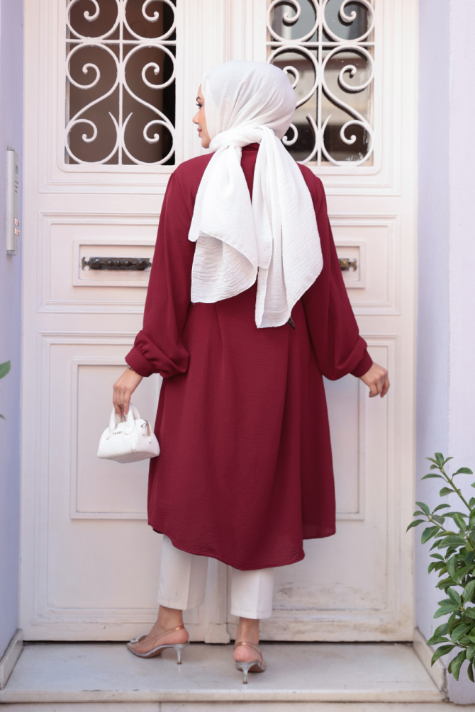 Düğmeli Bordo Tesettür Tunik 32172BR - 3