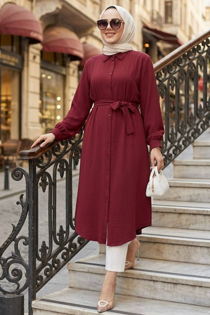 Düğmeli Bordo Tesettür Tunik 32172BR - 1