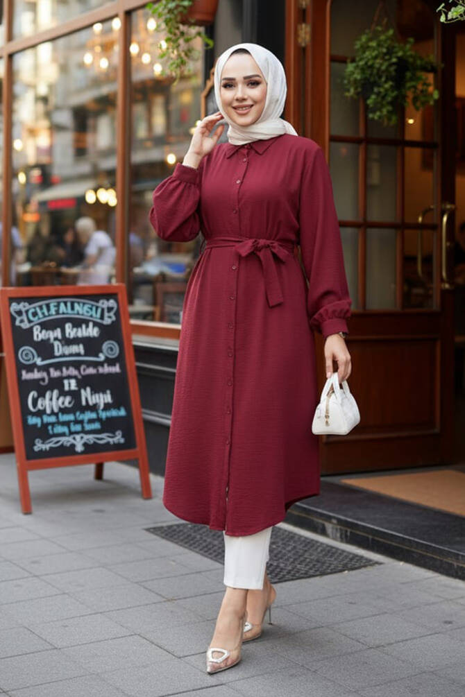Düğmeli Bordo Tesettür Tunik 32172BR - NEVA STYLE