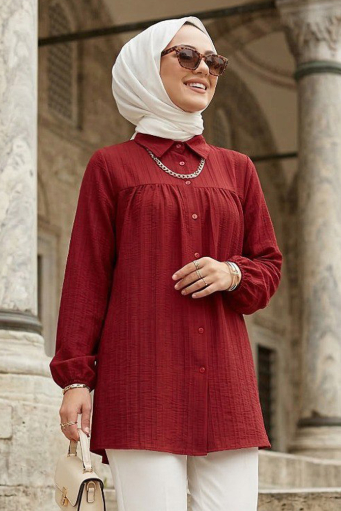 Düğmeli Bordo Tesettür Tunik 5377BR - 1