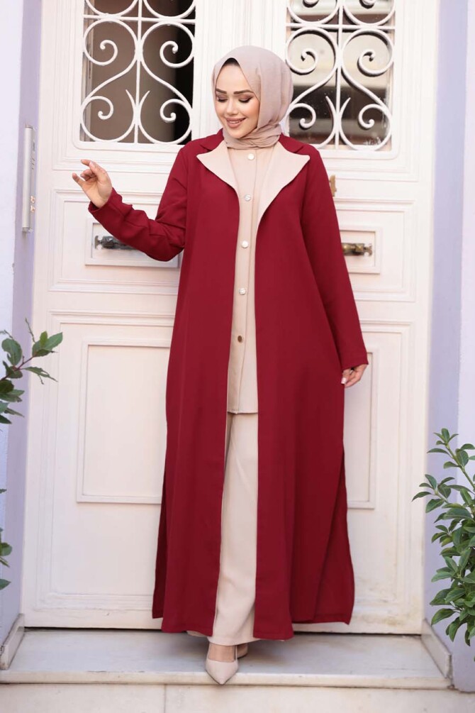 Düğmeli Bordo Tesettür Üçlü Takım 76221BR - 2