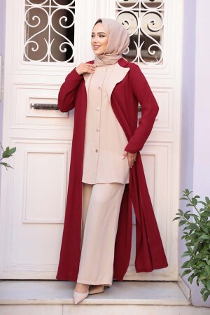 Düğmeli Bordo Tesettür Üçlü Takım 76221BR - 3